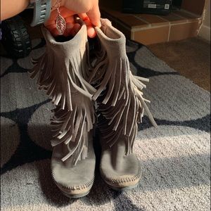 Gray fringed mocassin boots
